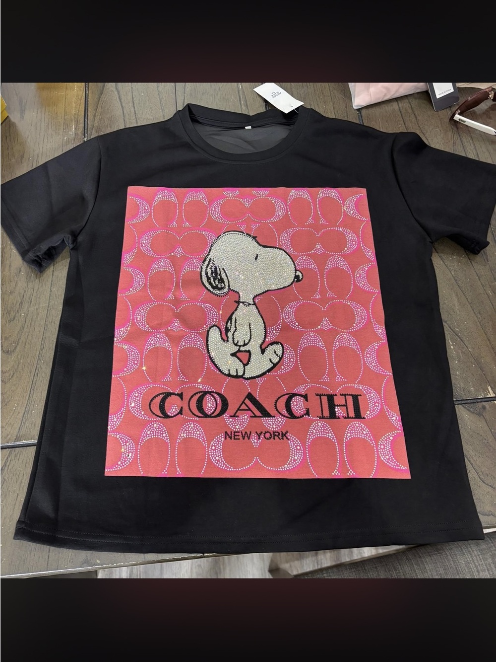 Coach Black Tee with Pink Signature Panel and Snoopy